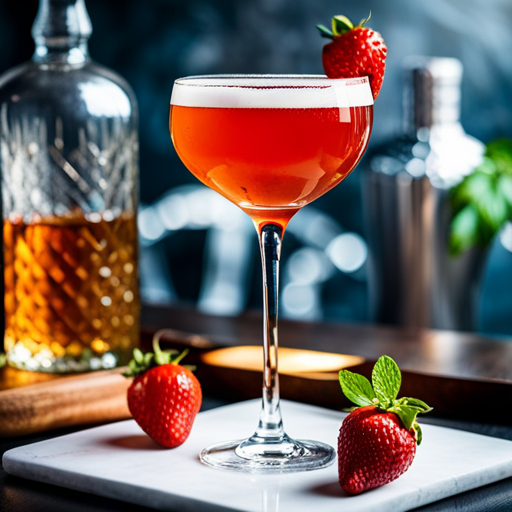 Strawberry Absinthe Boulevardier, Bourbon-forward cocktail with strawberry and absinthe